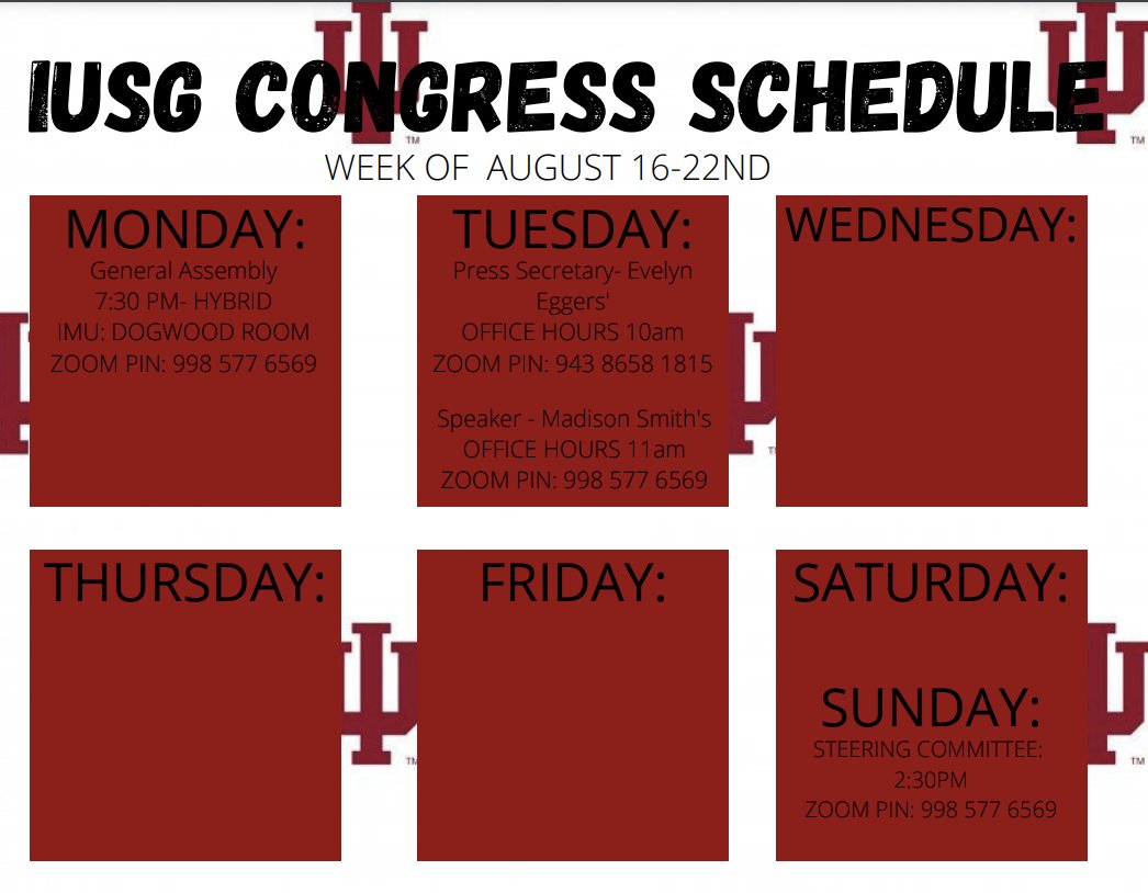 IUSGCongress's tweet photo. Check out this week's schedule! We would love to see and hear from you! https://t.co/OqNO2DHGHB