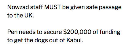 nowzad.com/donate
Urgent help needed for safe passage out of Afghanistan for NOWZAD and the rescued dogs. 

Please share