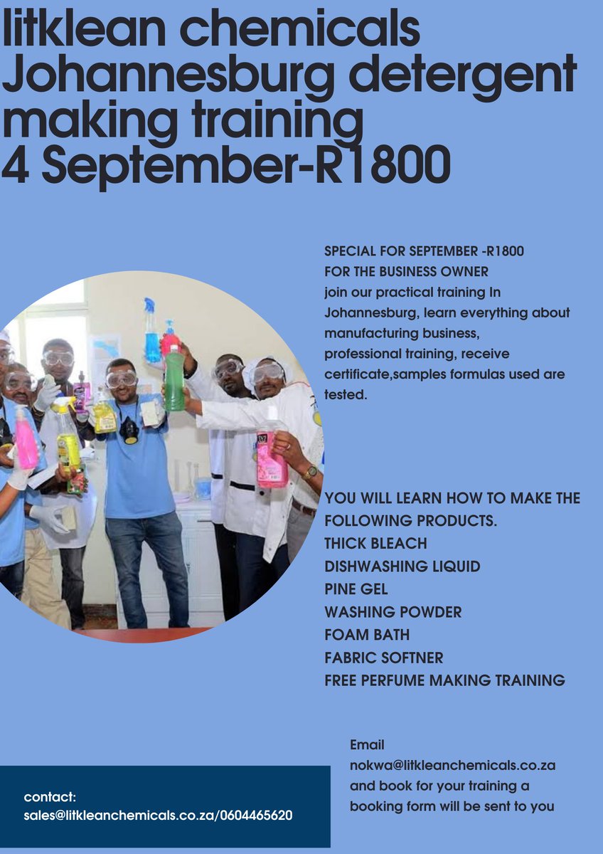 Litklean chemicals (@litklean) on Twitter photo Detergent making training
If you looking for skillsets to start off your own business manufacturing cleaning products
You can trust us to assist you
#SmallBusinessSunday
#StartupSunday
#SouthAfrica #YOUTH
Contact:+27604465620
sales@litkleanchemicals.co.za Detergent making training
If you looking for skillsets to start off your own business manufacturing cleaning products
You can trust us to assist you
#SmallBusinessSunday
#StartupSunday
#SouthAfrica #YOUTH
Contact:+27604465620
sales@litkleanchemicals.co.za