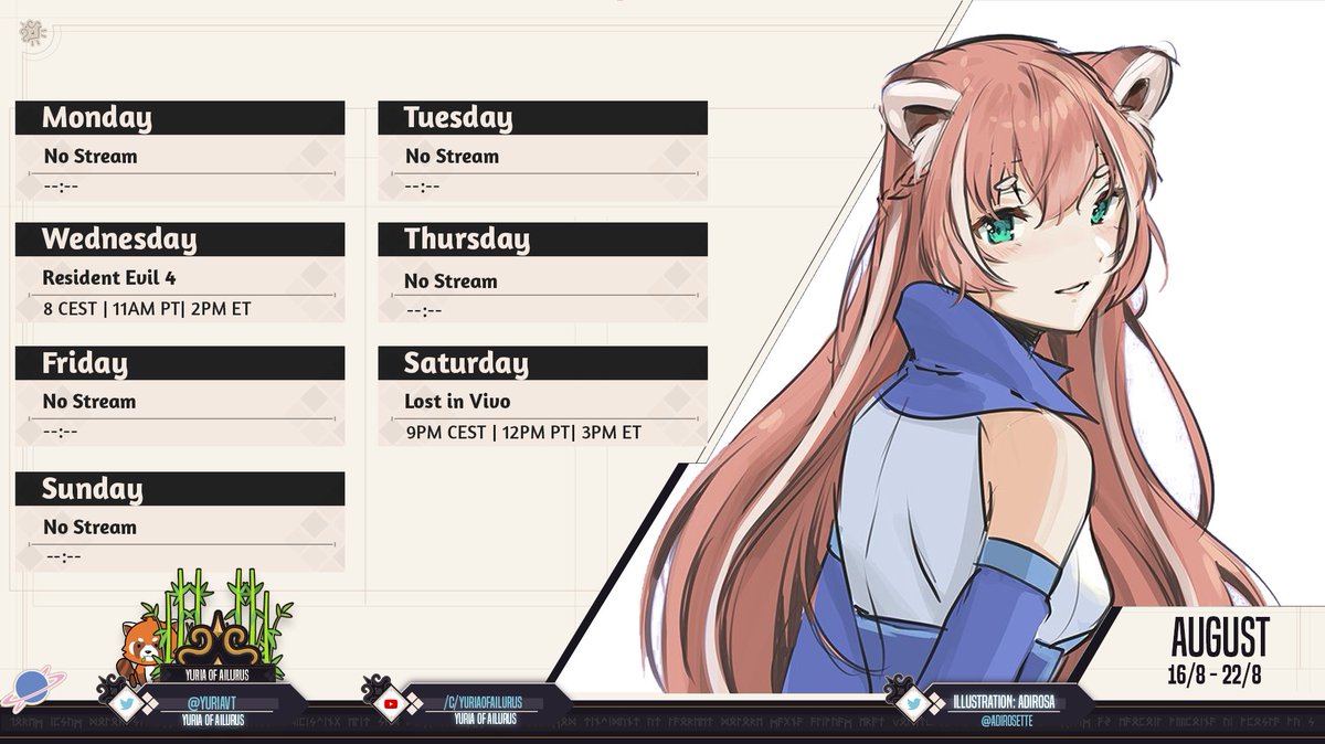 YuriaVT's tweet photo. Schedule for 16/8 - 22/8 🎋
Not a lot of streams this week, because I am really busy w my jobs.
I hope everyone can be there though!
#Virpro #Vtuber #ENVtuber https://t.co/BQvJkpCRdX