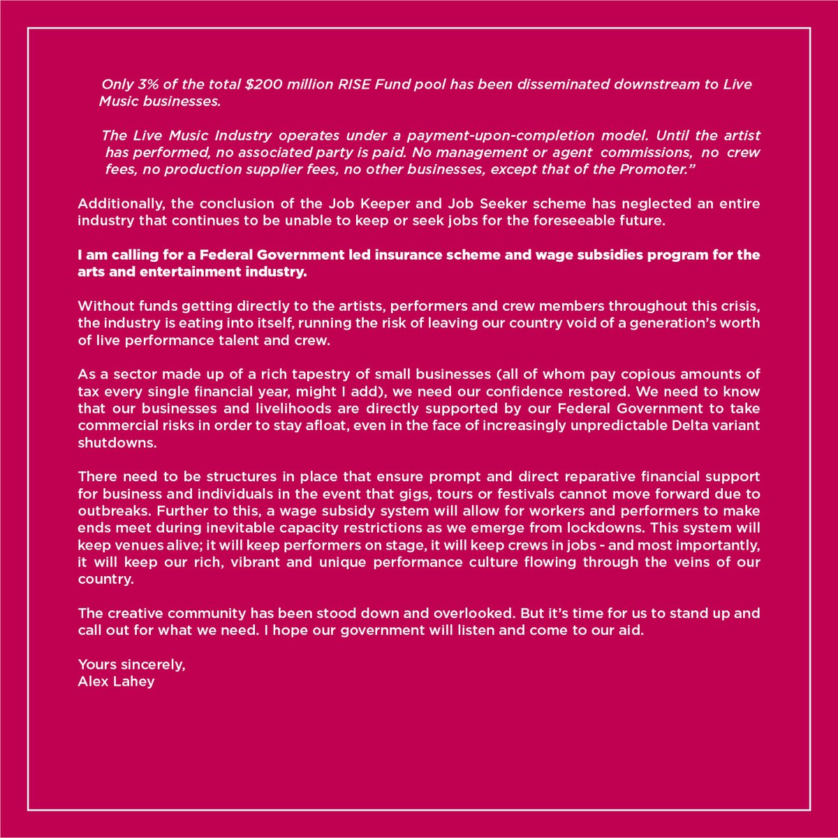 An open letter to Prime Minister <a href="/ScottMorrisonMP/">Not ScoMo</a> with a proposal to continue the conversation regarding a more effective and direct roadmap for support to workers in the entertainment sector who have found themselves without any foreseeable income due to continued closures