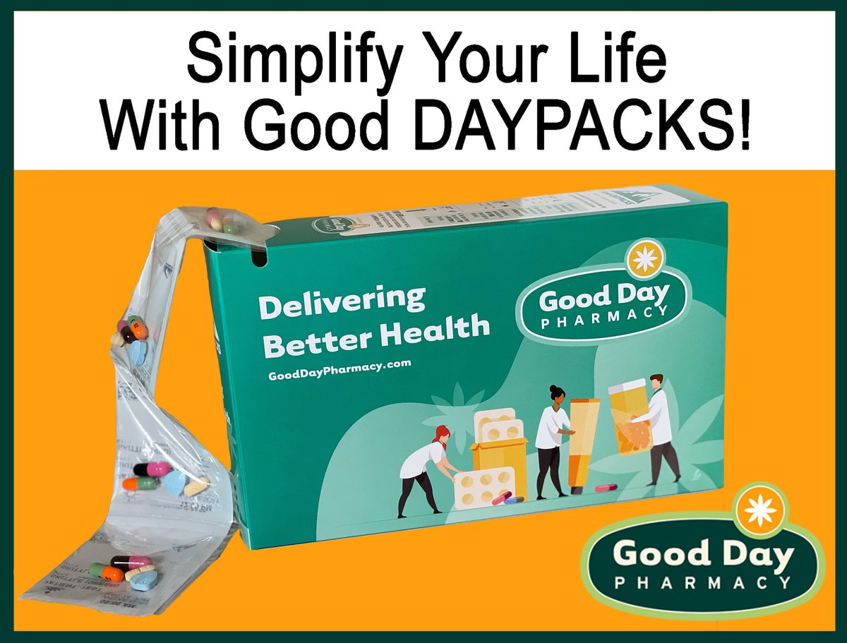 gooddayrx's tweet photo. Simplify your life, try Good DAYPACKS! Your local Good Day pharmacist will package your medications in easy-to-open &amp; securely sealed Good DAYPACKS, sorted by day and time. Less trips to the pharmacy. Easy, Convenient and no extra cost! 

Sign-up today at https://t.co/yWsLQtxJzh https://t.co/vzG9uvI73w