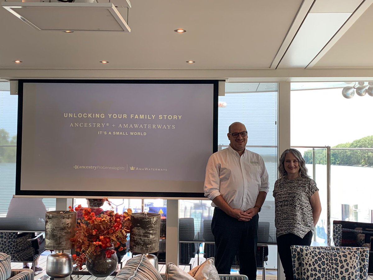 ProGenealogists's tweet photo. Expert genealogists Angie Bush and Kyle Betit have been sharing family history and stories with guests on board the AmaMora this week on the Rhine River. #heritagetravel #ancestralhome #rivercruise @amawaterways https://t.co/pAT9ZZChX7