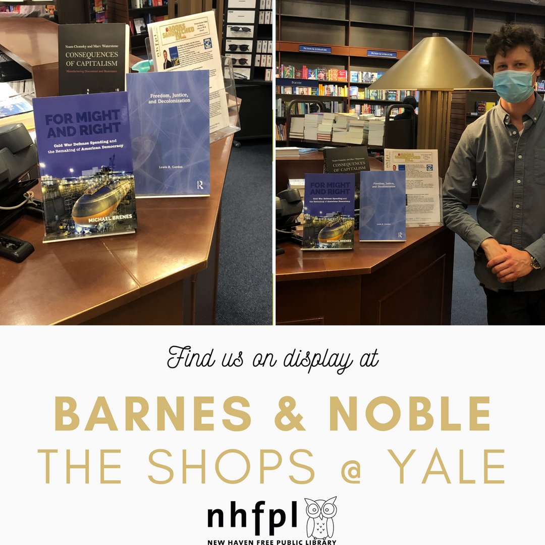 NHFPL's tweet photo. Have you seen us around town? Our Books Sandwiched In flyers & titles are featured in displays in many local bookstores around New Haven, like this one in @yalebookstore downtown. Can you find us? Snap a story selfie & tag us if you can! #MichaelBrenes #LewisGordon #NoamChomsky https://t.co/TtDbxh4HSe