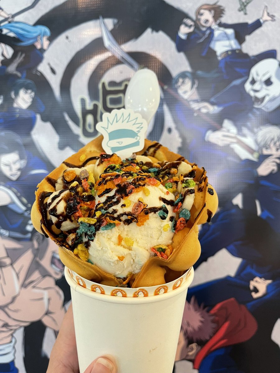 aboutlovecafe's tweet photo. A look into the special menu items!
Included below: Gojo, Megumi, Nanami, and Inumaki
Drop by and order these personalized bubble waffles!
We’ll be at Bubble Egg Garden Oaks until 8! 

#JJKSummerFestHTX https://t.co/2QZCkshUYj