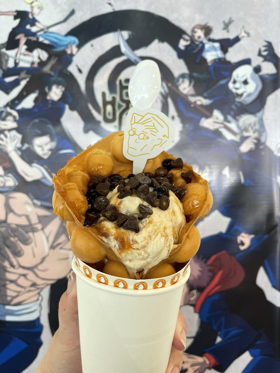 aboutlovecafe's tweet photo. A look into the special menu items!
Included below: Gojo, Megumi, Nanami, and Inumaki
Drop by and order these personalized bubble waffles!
We’ll be at Bubble Egg Garden Oaks until 8! 

#JJKSummerFestHTX https://t.co/2QZCkshUYj