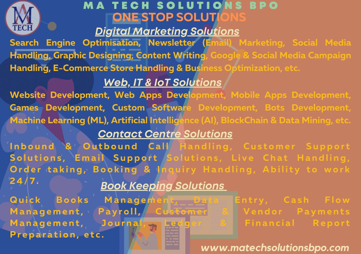 MATechSolution1's tweet image. One Stop Solutions provides Internet Marketing, IT, IOT, Call Centre &amp;amp; Accounting Solutions..!!
#internetmarketing #internetofthings #iotconsulting #digitalmarketing #itconsulting #machinelearning #artificialintelligenceai #virtualreality #augmentedreality #hyperledgerfabric