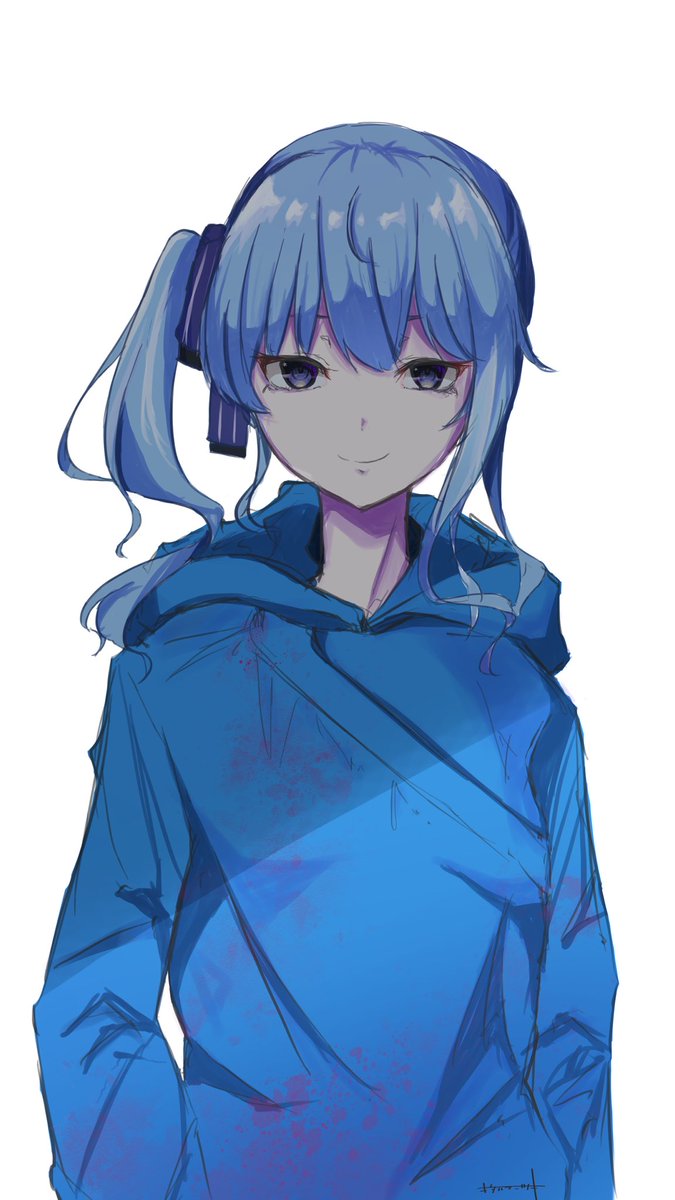 hoshimachi suisei 1girl solo blue hair side ponytail hood blue eyes smile  illustration images