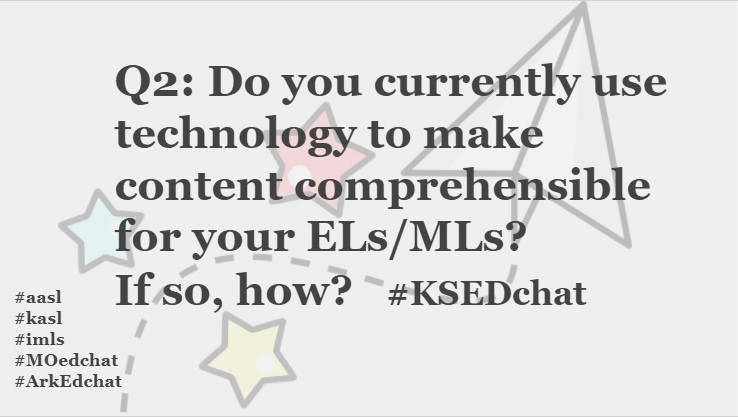 Q2: Do you currently use technology to make content comprehensible for your ELs/MLs? If so, how? #KSEDchat #aasl
#kasl
#imls
#MOedchat
#ArkEdchat