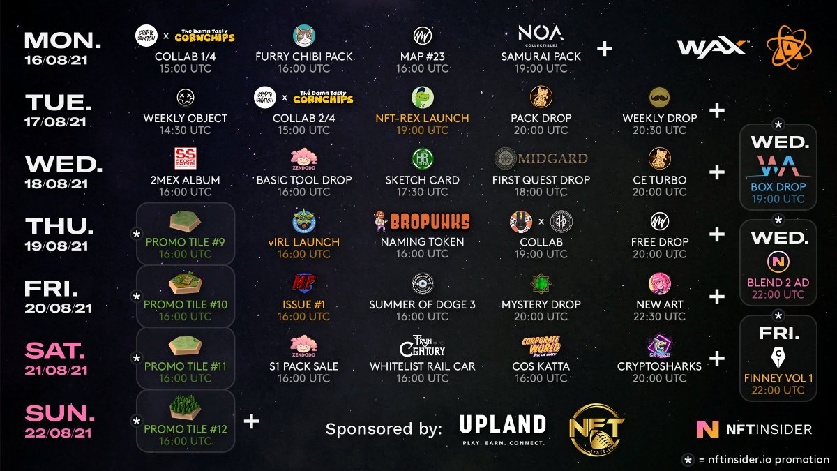 It's a MASSIVE week for <a href="/WAX_io/">WAX</a> / <a href="/AtomicHub/">AtomicHub</a>! 🤯 #NFTs #NFTdrop 

📅 nftinsider.io/tw16/

@SeventhGame <a href="/UplandMe/">Upland</a> <a href="/NFTDRAFT/">NFTdraft</a> @ArenaWax @CryptoFinney <a href="/PETEtheCREAT0R/">PETEtheCREATOR</a> <a href="/ZendodoParty/">Zendodo</a> <a href="/bropunksnfts/">BroPunks</a> <a href="/metaforcecomics/">MetaForce Collective</a> <a href="/BlockchainCards/">Blockchain Cards 👑</a> <a href="/NoaCollectibles/">Noa Game</a> @wax_guide @TalesotCrypto