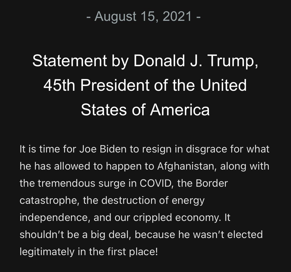 Andrew Solender on Twitter: "Trump says Biden should “resign in disgrace”  over Afghanistan… "