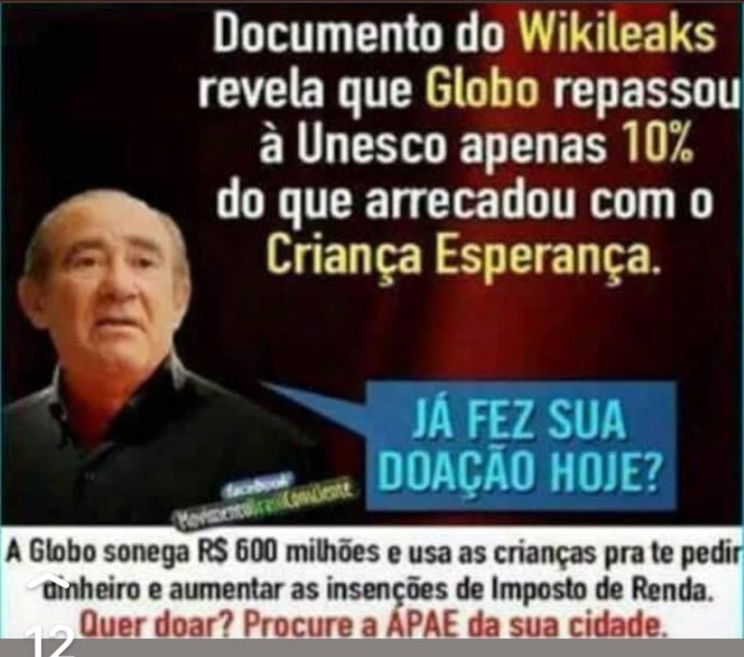NÃO     NÃO   NÃO 
NÃO DOE   NÃO DOE
Não doe nenhum real para a GLOBO.
Não precisamos da Globo/Unesco para doutrinar nossas crianças. 
Ajude uma creche ou a APAE da sua cidade. 
Chega de ser enganado !!!