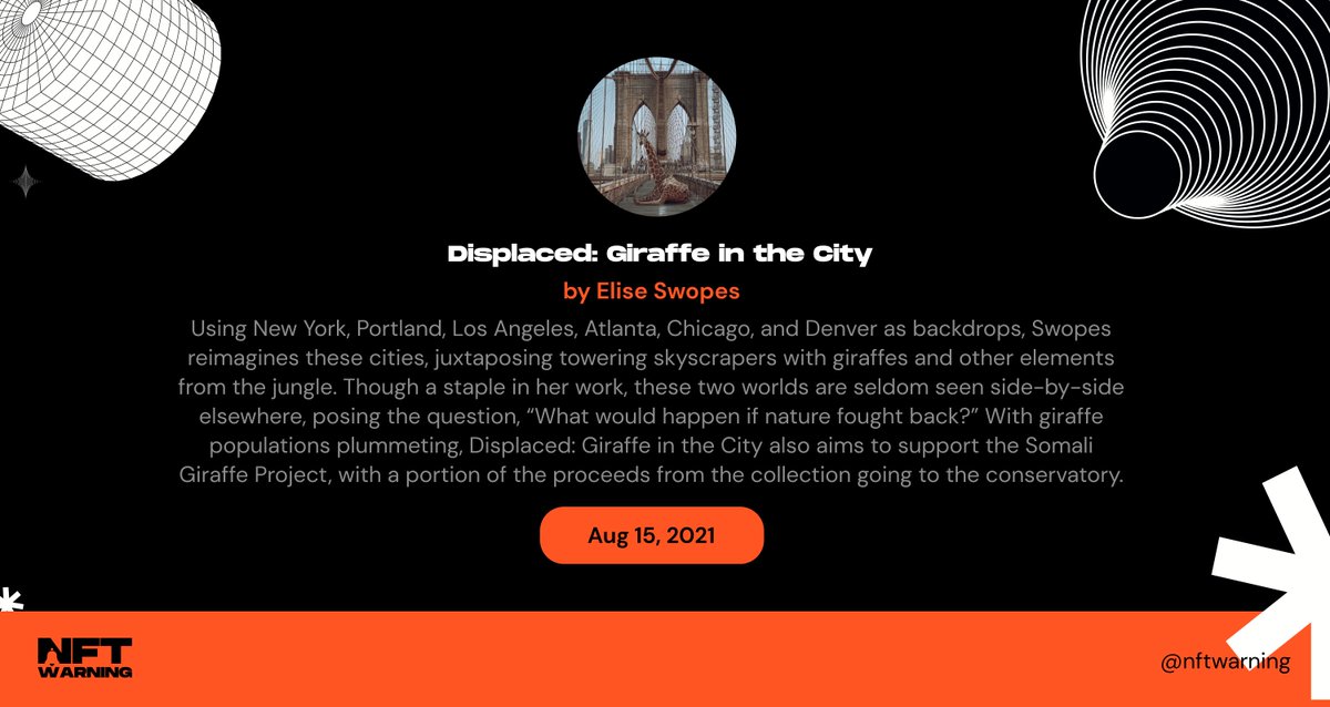 nftwarning's tweet photo. Hey, great Photographer and graphic designer Elise @Swopes is bringing her much-beloved #SwopesGiraffe to the world of @niftygateway with her first collection, Displaced: Giraffe in the City🔥 https://t.co/XeWK9eNiNP