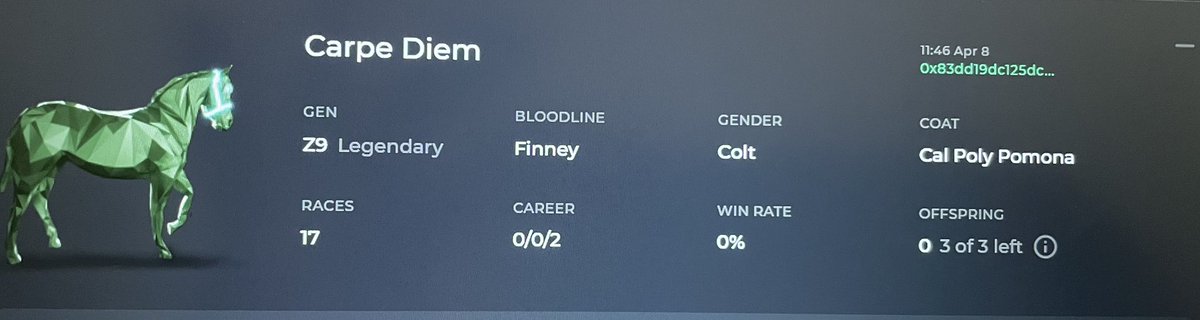 Put our newest addition into the stud barn today. Looking for some interesting blood to breed with? Z9 Leg Finney with a Szabo sire and has dam &amp; siblings with 10%+ win odds. 3 covers left!