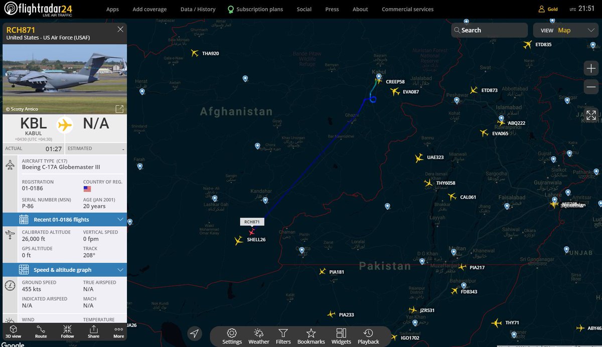 MilMonWorld's tweet photo. Reports that USAF C-17 RCH871 airborne out of #Kabul in #Afghanistan has 800 passengers on board! Incredible work being done by #USAF and allied aircrews just now which will without a doubt go down in the history books #AvGeek #RadioGeek #MilMonWorld #BravoZulu https://t.co/8De9wLusWb