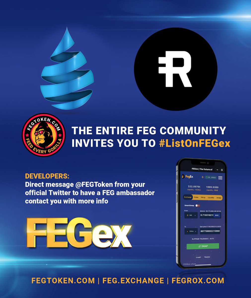 FEGtoken's tweet photo. FEG Token and the entire #FEGarmy invite @DRIPcommunity and @reserveprotocol to join #FEGex! 😊

Developers, DM us - an Ambassador can provide you with more information. #ListOnFEGex

Come with us in #BringingDeFiTogether!
🚀❤️

#DeFi #crypto $FEG $DRIP $RSR https://t.co/xQ4uwp4I6T