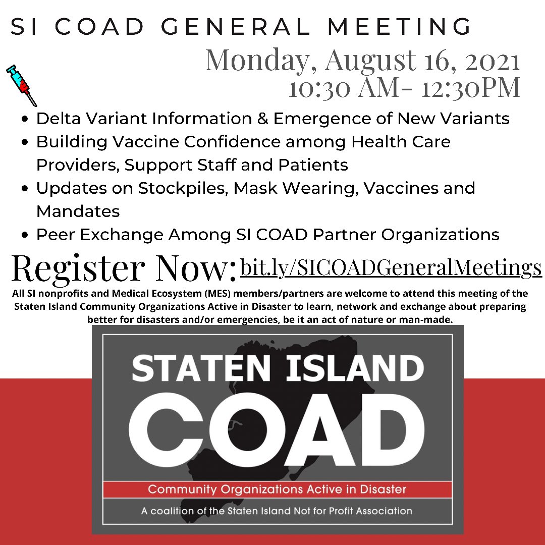 NonprofitSI's tweet photo. We understand there are many questions about the recent mandates & guidance that are constantly changing. We encourage orgs to join our #SICOAD General Meeting Monday, August 16th at 10:30AM, which will cover many of these concerns #statenisland
Register: https://t.co/VCmkBa7IYX https://t.co/XYylVmHr8Y