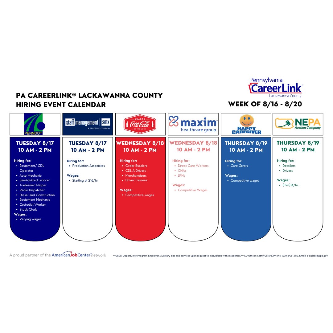 Missed our hiring event last week?  We’ve got you covered with 6️⃣employers in our office ready to hire! Check out what’s going on this week at PA CareerLink® Lackawanna County! 👇

🗓 Mark your calendar &amp; stop by to start your new career!
📍 135 Franklin Ave, Scranton, PA 185