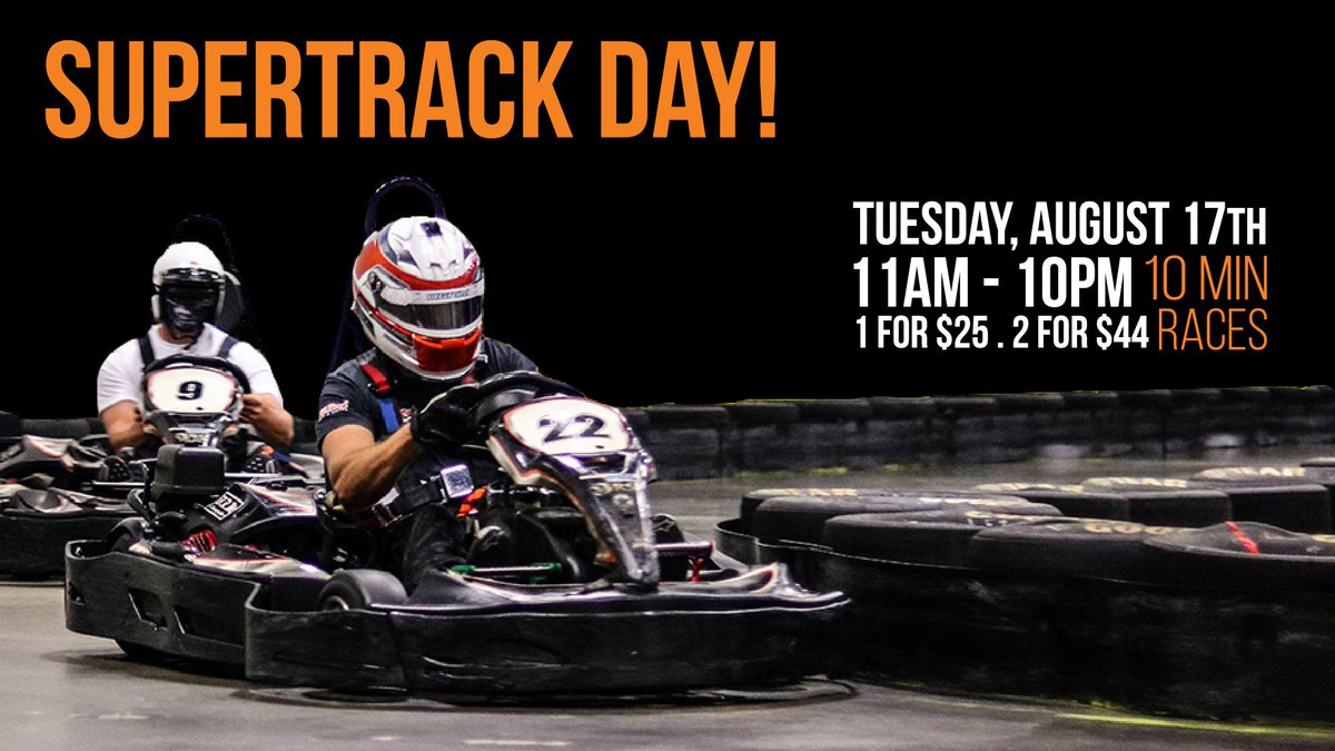 It's time for SuperTrack Day! Tuesday, August 17th we will be racing on our SuperTrack! Races will be running all day are 10 minutes long. 

Race License is required to race! Races are non-transferable &amp; specials are not valid on SuperTrack.

#charlottenc #gokarting #thingstodo
