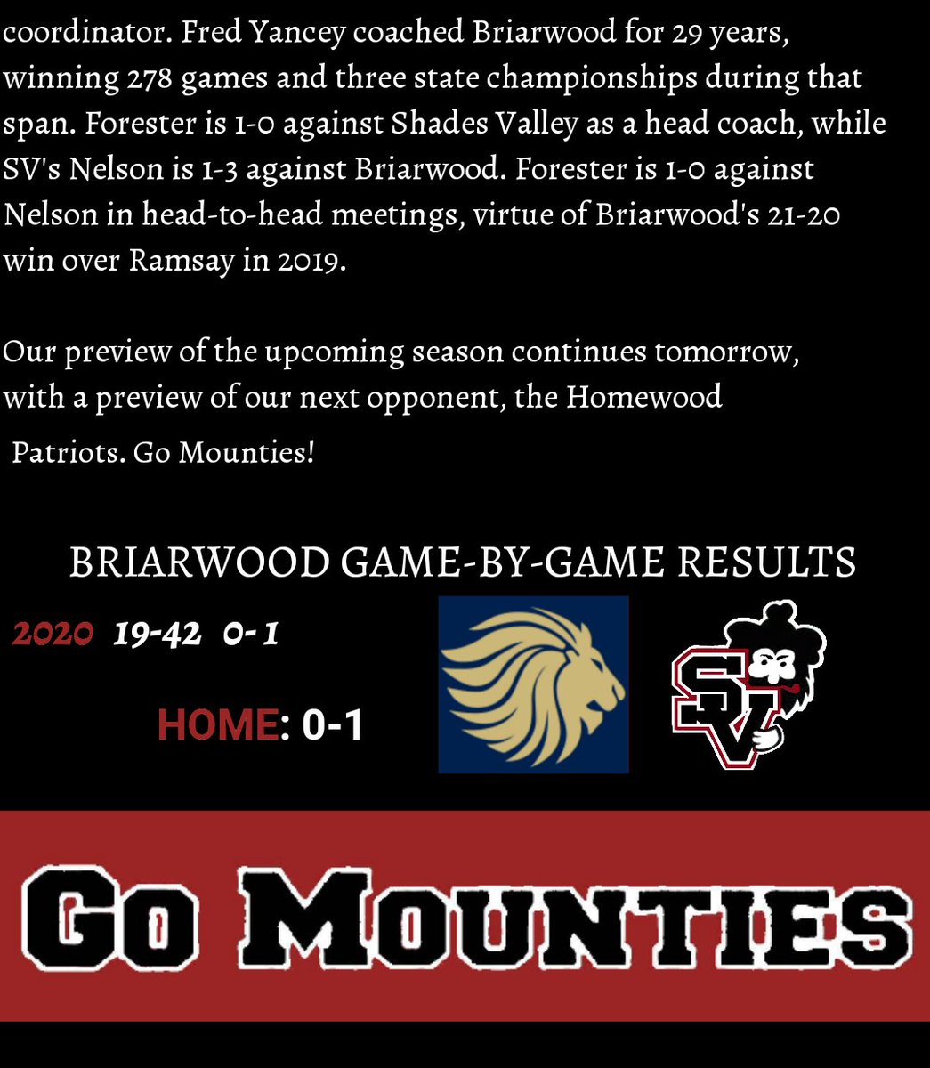 svmounties's tweet photo. In the 7th installment of our 10th annual Mounties Preseason Football Preview, we glance at our sixth matchup, a region game on the road against the preseason #5 Briarwood Christian Lions on Friday, October 1. #GoMounties #100SeasonsOfMountieFootball ๐ดโซ https://t.co/pp5HL5n1Y5