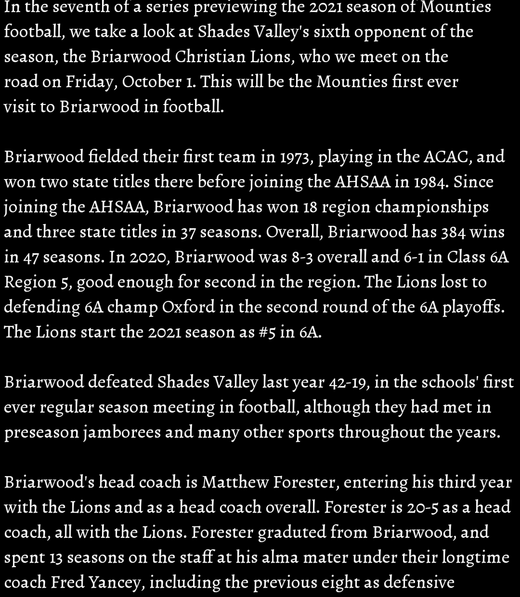 svmounties's tweet photo. In the 7th installment of our 10th annual Mounties Preseason Football Preview, we glance at our sixth matchup, a region game on the road against the preseason #5 Briarwood Christian Lions on Friday, October 1. #GoMounties #100SeasonsOfMountieFootball ๐ดโซ https://t.co/pp5HL5n1Y5