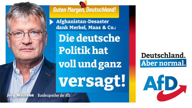 Joerg_Meuthen's tweet image. Guten Morgen 🇩🇪!
Das Afghanistan-Desaster zeigt in brutaler Schonungslosigkeit das vollständige Versagen der deutschen Außen- und Verteidigungspolitik. Deutschland wird nicht am Hindukusch verteidigt, sondern hier in Europa!
➡ facebook.com/Prof.Dr.Joerg.…