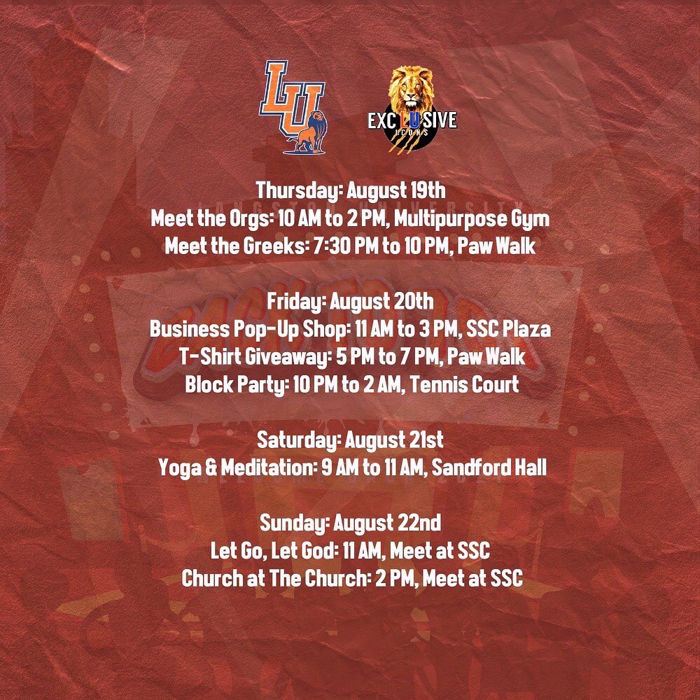 Hey Lions✨! Welcome Back Week is officially here, and we are “Back to 701…” (701 Sammy Davis Jr. Drive). We’ve planned so many events for y’all! Be sure to check the times and dates of our events and come out to see what SAB is all about! L’s Up!🔶🔷🔷