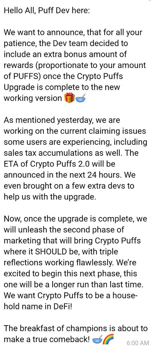 crypto_puffs's tweet photo. Hello, Cereal Lovers! 👋
We hope that everyone is doing well and full of $PUFFS. 🌈🥣

Please have a look at the image below for the latest update and feel free to comment or message us on telegram channel if you have any queries.

We appreciate your support and understanding! 💕 https://t.co/J2yHCgPVRV