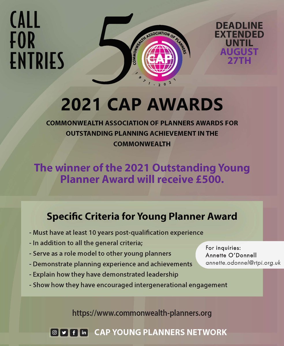 CAPplanners's tweet photo. The call for entries (Young Planner Award) has been extended!
#Urbanplanning #TownPlanning #urbanism #urbandesign #youngplanners #cities #communities #economy #futurecities #future #leadership #awards2021 #CAP50 https://t.co/NzEj7yKX7v