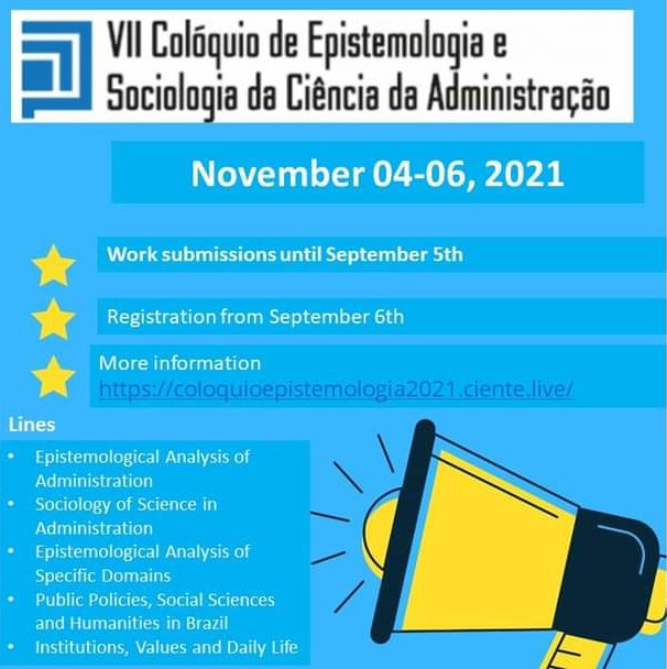 nucleoord's tweet photo. We invite all colleagues from Brazil, Latin America and abroad to submit papers for the VII Colloquium on Epistemology and Sociology of Science in Administration, which will take place online from November 4th to 6th this year. 
https://t.co/js7Qrlb0R6 https://t.co/9mkXjHWR9b