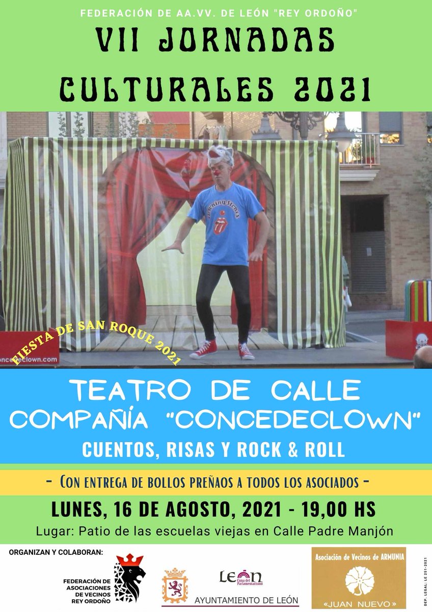 Nuevo evento de las Jornadas Culturales, es este caso con la A.VV. Juan Nuevo que celebra tarde de vecindad en su sede social el 16 de agosto con motivo del patrón de su barrio, San Roque. Bollos preñaos y teatro de calle a partir de las 19 hs. <a href="/LeonAyto/">Ayuntamiento de León</a>, <a href="/ReyOrdono/">FAAVV Rey Ordoño</a>. #vecinos