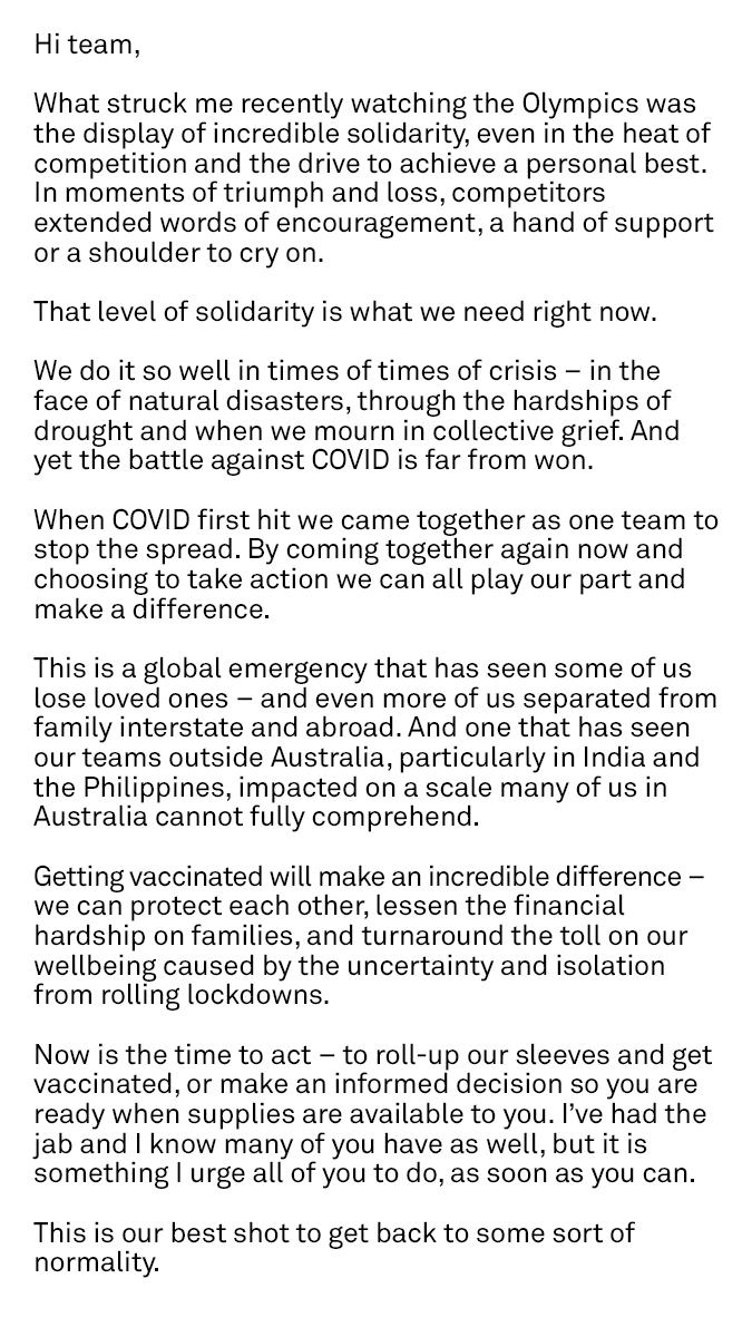 andy_penn's tweet image. Now is the time to roll up our sleeves and get vaccinated. As a team of thousands, serving millions every day, we can play an important role. That’s why we’re rewarding our people who do just that. 
 
Here's the note I shared with our team today.