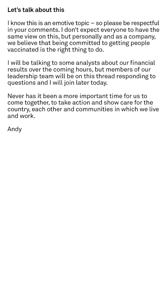 andy_penn's tweet image. Now is the time to roll up our sleeves and get vaccinated. As a team of thousands, serving millions every day, we can play an important role. That’s why we’re rewarding our people who do just that. 
 
Here's the note I shared with our team today.