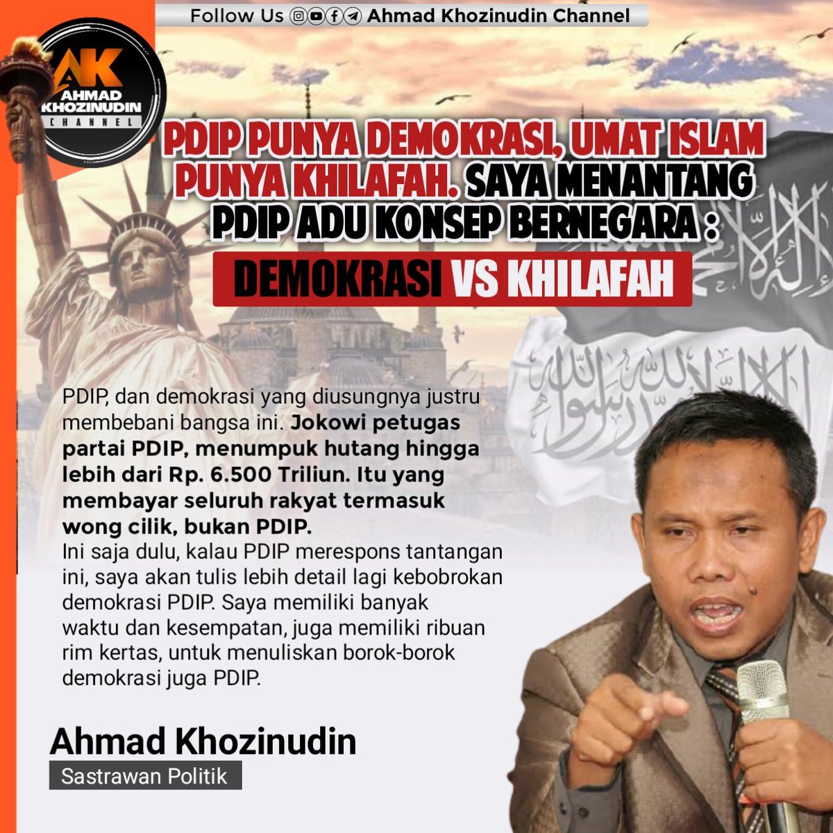 KhozinudinAhma1's tweet photo. PDIP punya Demokrasi, umat Islam punya Khilafah. Saya menantang PDIP adu konsep Bernegara ; DEMOKRASI VS KHILAFAH 

#jokowi404notfound https://t.co/R01Kso8NP1