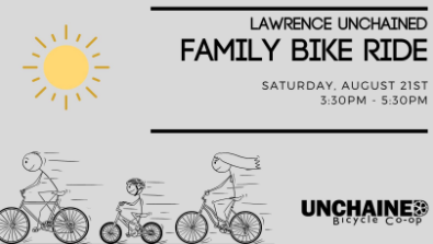 Our friends at Lawrence Unchained are having a family-friendly bike ride next Saturday! Meet at their shop (721 East 9th Street) at 3:30pm for a ride to Mary's Lake via the Burroughs Creek Trail, one of our favorite sections of the Loop!