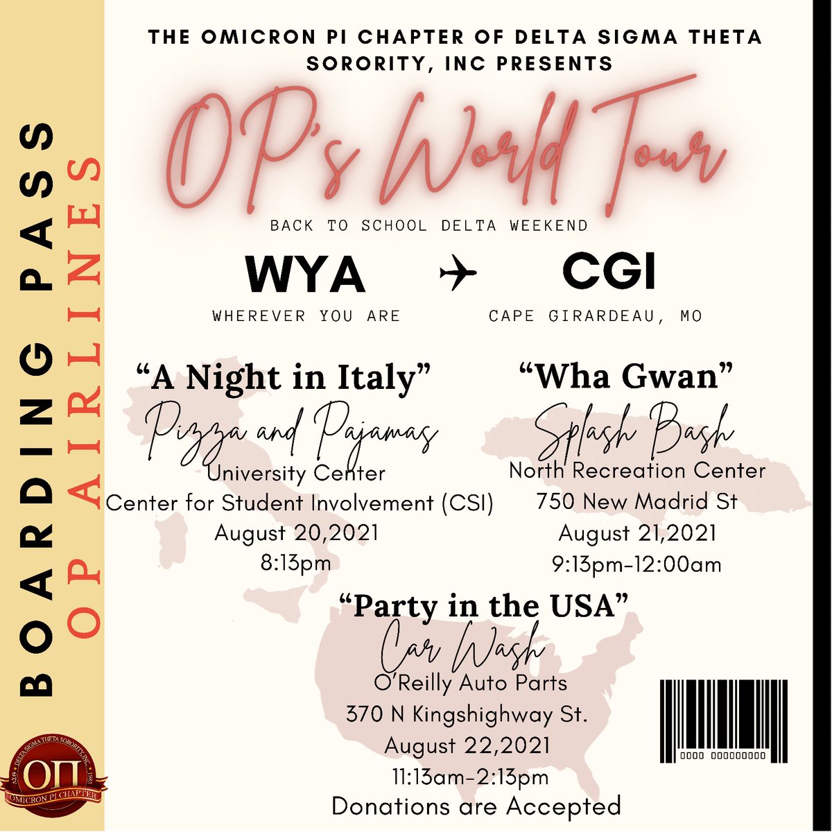 🗣Attention Passengers boarding Flight 113. No matter where you’re coming from, all destinations lead to Cape Girardeau, MO for Delta Weekend. 🐘 Along the way, we will be making a few stops, so be prepared for a great time. Welcome to OP’s World Tour. 🌎❤️✨