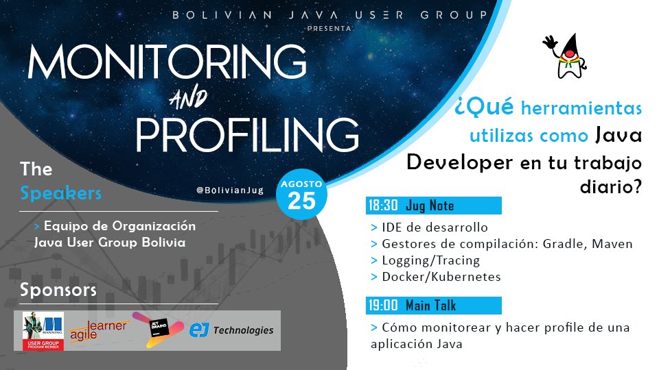 BolivianJUG's tweet photo. Java Virtual Meetup - Agosto 2021
Invitarles cordialmente al evento que se llevará a cabo este Miércoles 25 de Agosto de 18:30 (GMT-4)
https://t.co/CtKN86CBcv
#JugEvents #Bolivia #Jetbrains #AgileLearner #Java #ManningPublications #Monitoring #Profiling #JavaTools https://t.co/nzKvLNI1qD