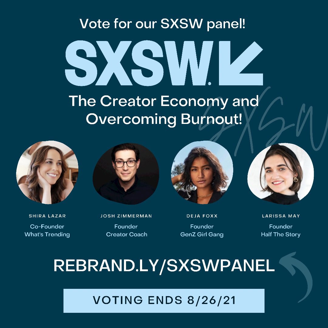 Creators are looking for solutions to burnout & how to build sustainable & healthy relationships with ourselves and the world around us.

Vote for our SXSW panel: The Creator Economy and Overcoming Burnout!

Voting closes on August 26 🙌

rebrand.ly/sxswpanel #sxsw