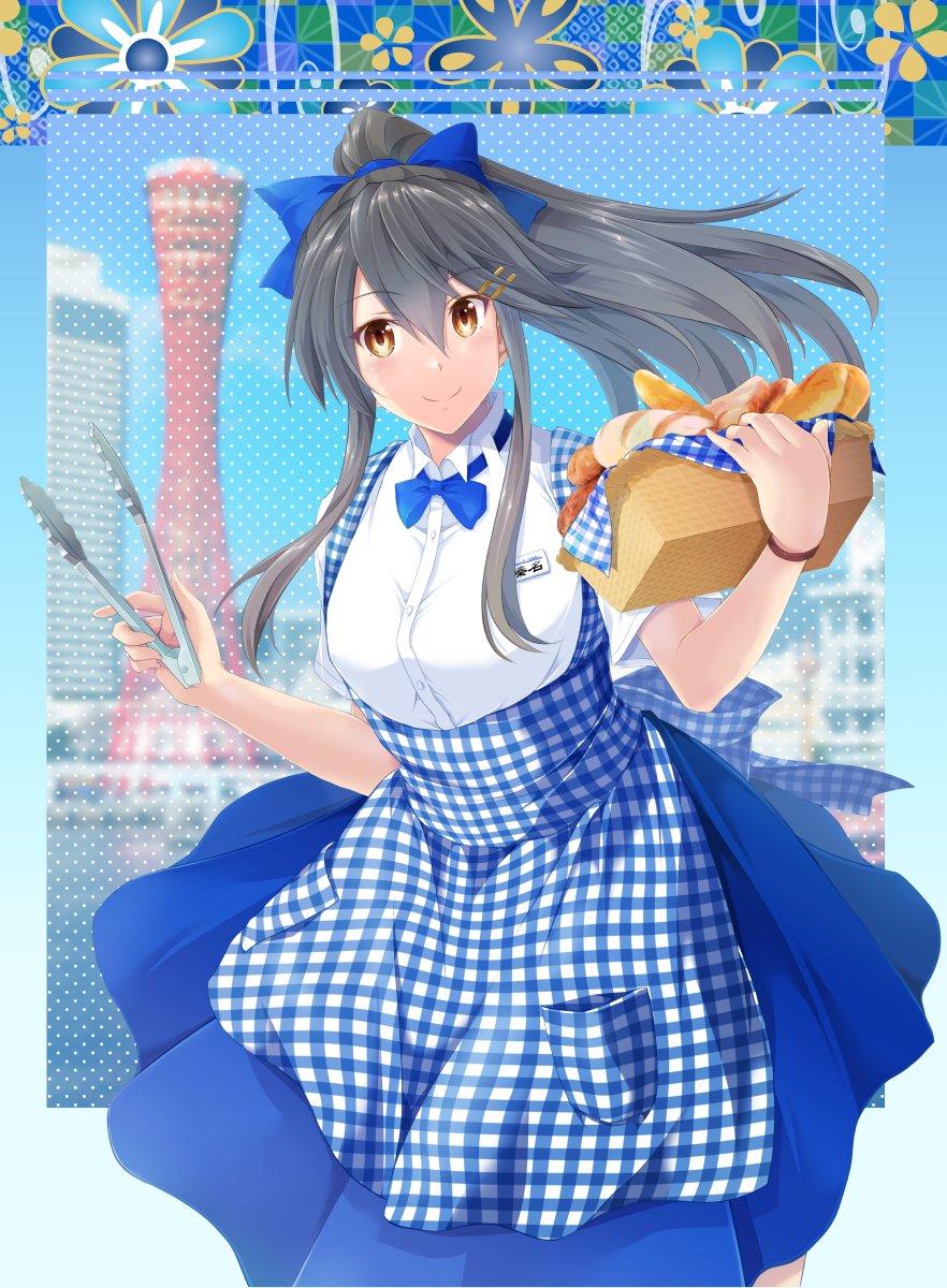 haruna (kancolle) 1girl solo bread blue apron long hair apron blue bowtie  illustration images