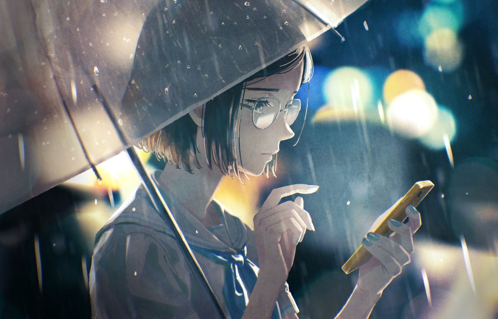 1girl rain umbrella phone glasses holding solo  illustration images