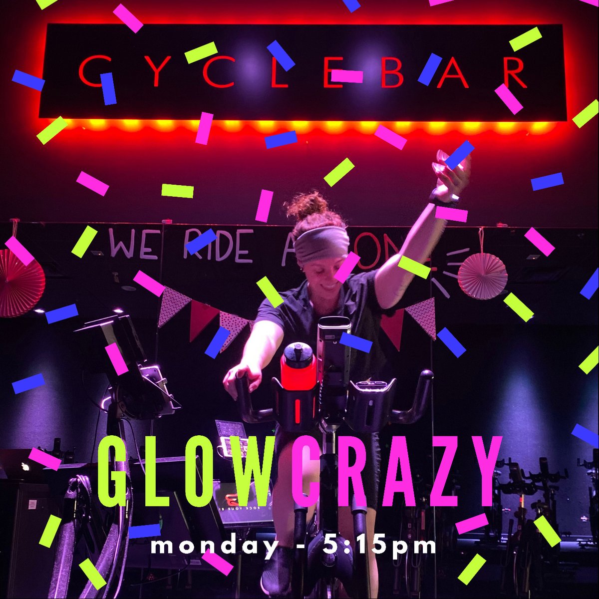CyclebarPV's tweet photo. LET’S GLOW CRAZY!

Monday - 5:15pm - GLOW RIDE!🎊 @ohhappymess

Book your bikes &amp; wear your favorite color to glow in!

#cyclebar #cyclebarfamily #indoorcyclinginstructor #phoenixarizona #paradisevalleyarizona #arizonacycling #werideasone #cycling #spinclass #ridetothebeat... https://t.co/aRzfD99hyN
