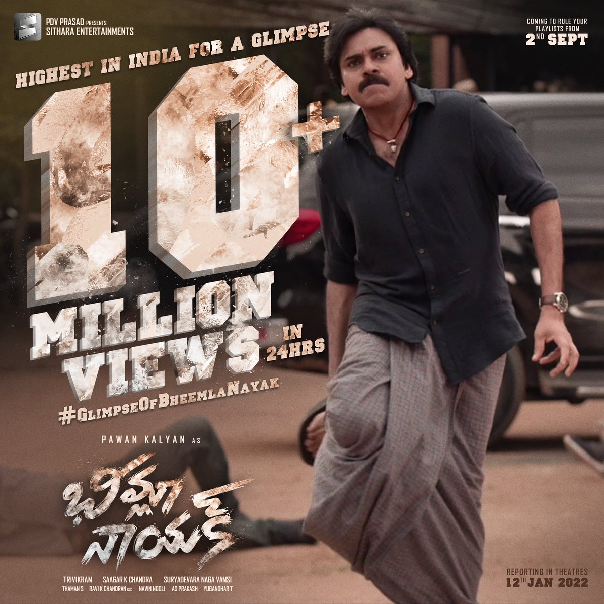 10M+ views with 700k+ Likes in 24 Hours for #GlimpseofBheemlaNayak ⚡ Highest for a glimpse in india ~ #BheemlaNayak🔥 ICYMI ➡️ youtu.be/aQ7ptAdZgHM @pawankalyan @RanaDaggubati #Trivikram @MenenNithya @MusicThaman @saagar_chandrak @dop007 @NavinNooli @vamsi84