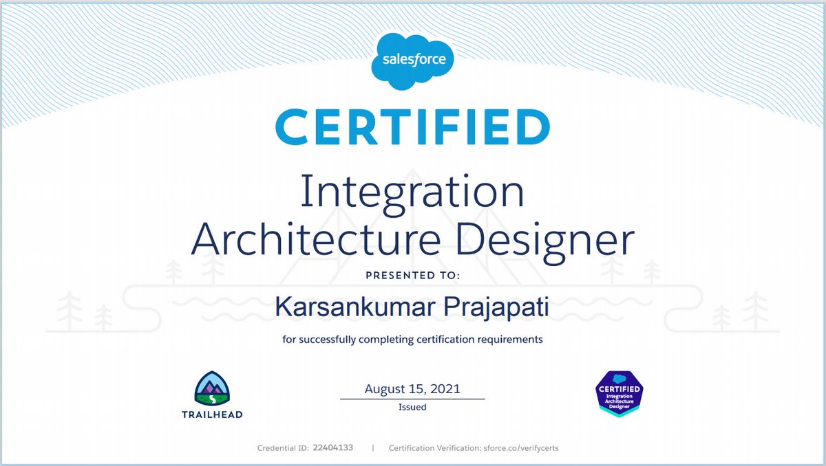 Super excited to get certified as a Salesforce Integration Architect

#salesforcecertified #integrationarchitect #trailhead #salesforce #independencedaycelebration #15august2021 

Thank you <a href="/salesforce/">Salesforce</a>, <a href="/trailhead/">Trailhead</a>, and <a href="/RushabhAcharya/">Rushabh Acharya</a> for your guidance!!