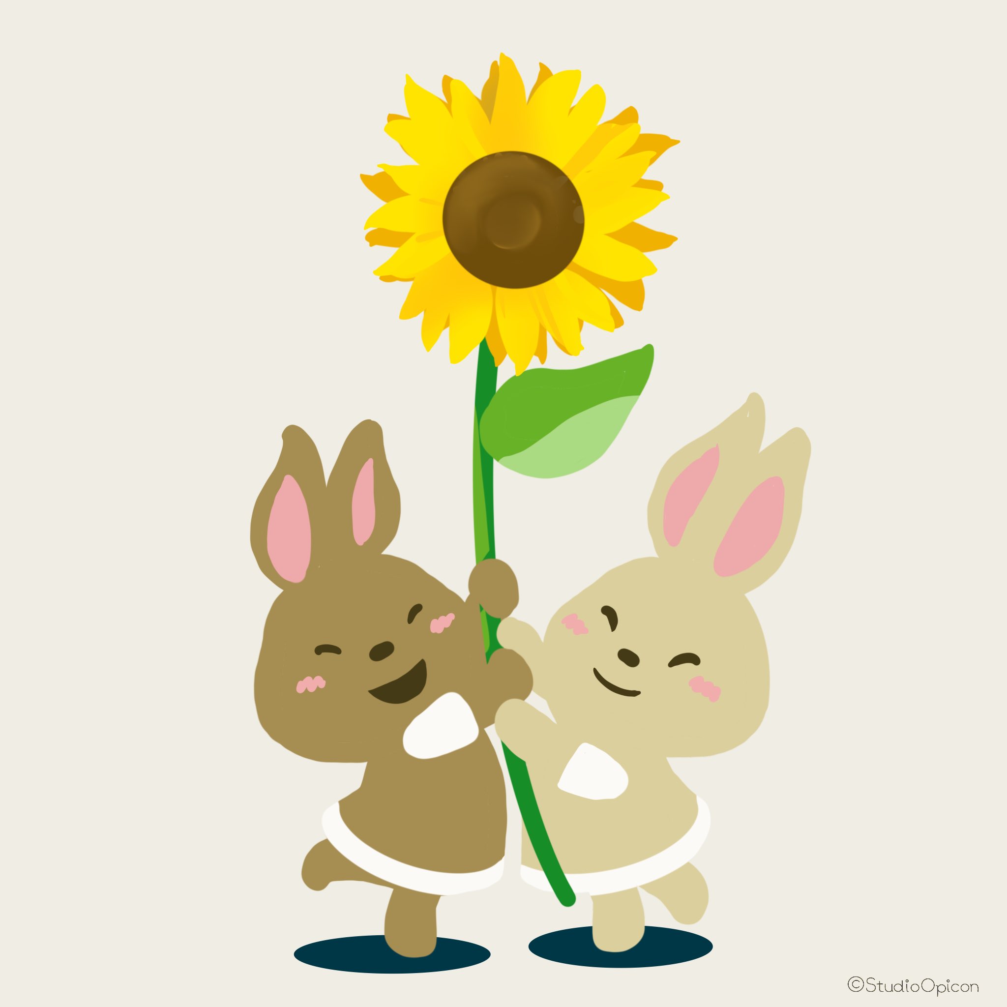 Studioopicon 2人のあいだにヒマワリ イラスト 絵 キャラクター ヒマワリ ひまわり 夏 ウサギ 動物イラスト 和み系キャラ ゆるいイラスト Illustration Drawing Character Sunflower Summer Rabbit Animalillustration