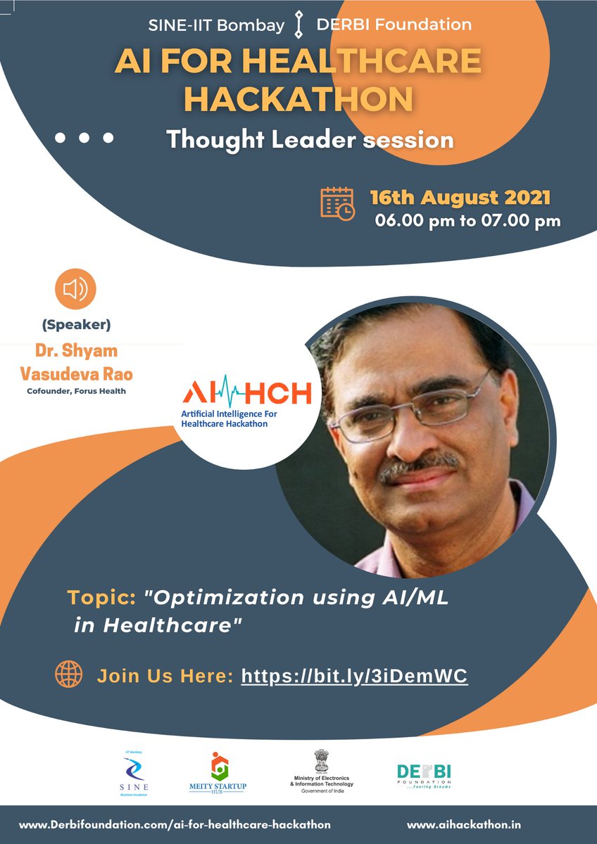derbifoundati0n's tweet photo. DERBI Foundation, in partnership with the @SINEIITB, 
@MSH_MeitY and @GoI_MeitY, is organising the fourth session of thought leader sessions.
Dr @ShyamVasudev  will discuss "Optimisation using AI/ML in Healthcare"

Join the session today: https://t.co/xsTOdoPPuq
Passcode: 240863 https://t.co/0QTjs6HmhA