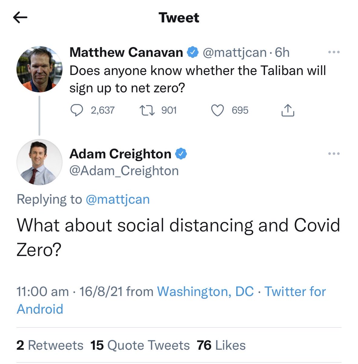 DrCraigEmerson's tweet photo. Birds of a feather: A senior Queensland LNP Senator and the Washington correspondent for the ⁦@australian⁩ sharing jokes about the tragedy of Afghanistan, the COVID-19 pandemic and global warming. https://t.co/uKiy18tYzy