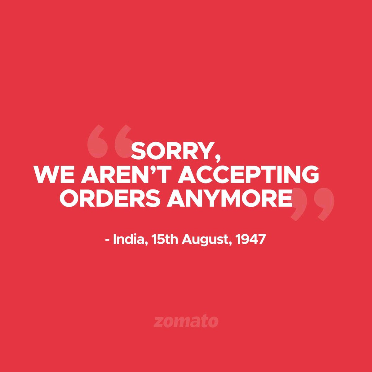 That's so brilliant 👌🙂
#Zomato @zomato
#IndependenceDayIndia2021
Let's focus on next campaign.

SORRY, WE AREN'T DELIVERING IN DISPOSABLES ANYMORE
-ZOMATO, 15TH AUGUST 2022.

@AfrozShah1 @AdityaDubey2003 @cleanAirBharat @SaveAravali @3BkaFunda @PlasticMenace @ZeroPlasticClub