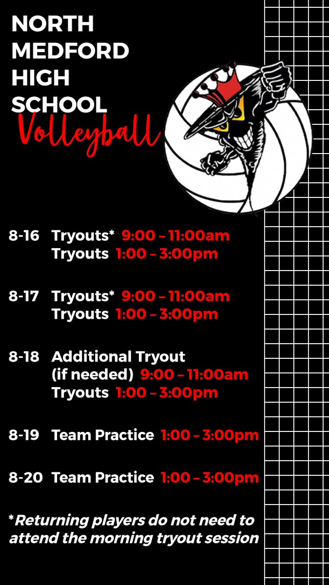 NorthMedfordVB's tweet photo. NMHS Schedule for 08-16 to 08-20 🖤 🌪️ 🏐 #BTP #NMHS #NMVB #NMHSVB #Volleyball #Volleyballgirls #volleyballlife #sports #volleyballlove https://t.co/hvujZVpcnZ