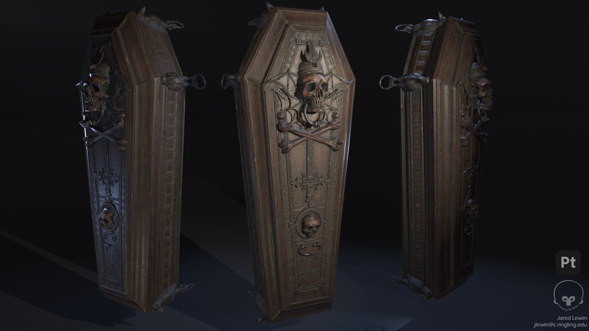 lewin_jared's tweet photo. Hey guys, I designed a coffin for a new environment I'm starting! This  is going to be part of a big Halloween piece because it's never too early to get ready for spooky season 🦇  
 https://t.co/IugAlYe0eD

#gamedev #gameart #fantasy #Substance3DPainter #substancepainter #zbrush https://t.co/lkPOnPikyV