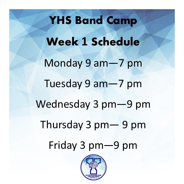 YorkFalconBands's tweet photo. Here's our schedule for this week. You can get the link to add the band calendar to your own via our webpage! Our president will update it as we get any changes to the practice or performance schedule. https://t.co/TSKvnuqC2L
#YHSFalconBand #yhsfalconguard #YHSFalconBandAides https://t.co/IAJf4J15mI